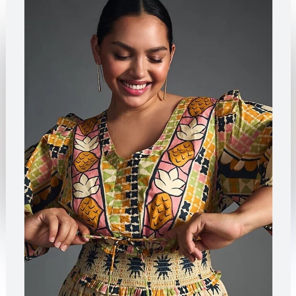 Farm Rio colorful fruit Floral Puff Sleeve Blouse Size XL